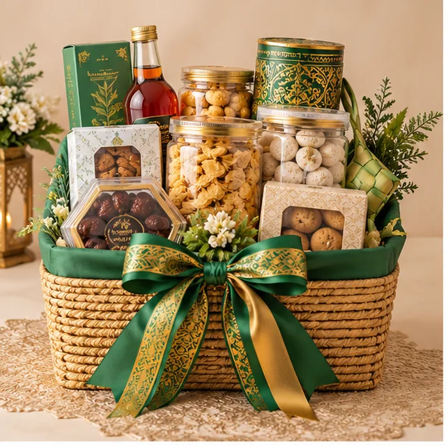 Contoh parcel hampers elegan dengan pita hijau dan emas